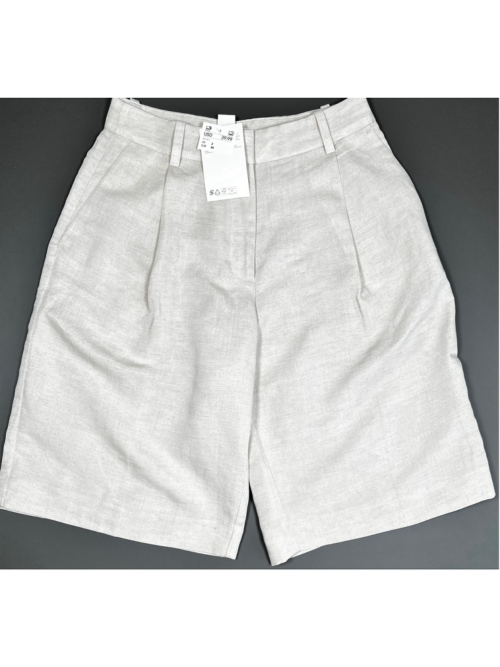 NWT H&M Womans Bermuda Shorts Linen Viscose Blend Shorts Beige Size 2 Classic